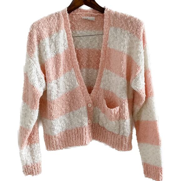 Vintage Deb boucle striped knit v-neck button down cardigan sweater size large L - Picture 1 of 7